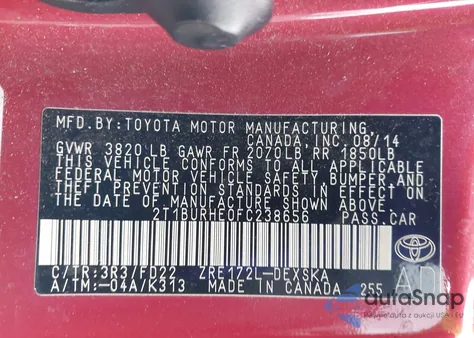 2015 Toyota Corolla S Plus from USA, damaged, VIN 2T1BURHE0FC238656